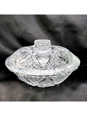 Vintage KIG Clear Glass Embossed Hearts & Fleur De Lis Candy Dish  7"